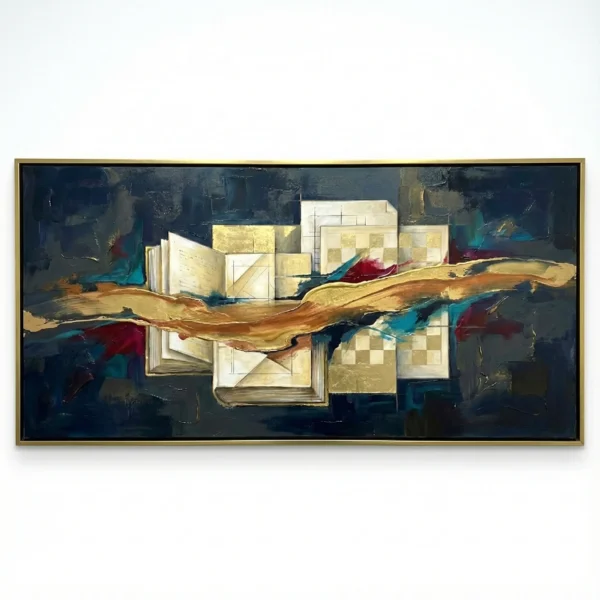 Contemporary abstract hand-painted canvas with gestural gold leaf brushstrokes, deep navy and teal accents, cream geometric layers