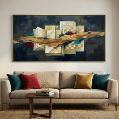 Contemporary abstract hand-painted canvas with layered geometric forms, golden leaf accents, and deep jewel tones, modern living space