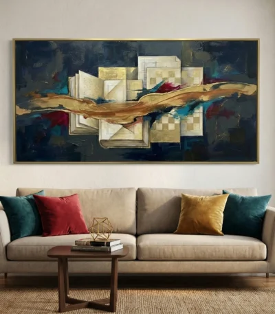 Contemporary abstract hand-painted canvas with layered geometric forms, golden leaf accents, and deep jewel tones, modern living space