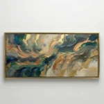 Layered abstract hand-painted canvas in swirling teal, gold, and cream tones with fluid gestural brushwork, contemporary living space
