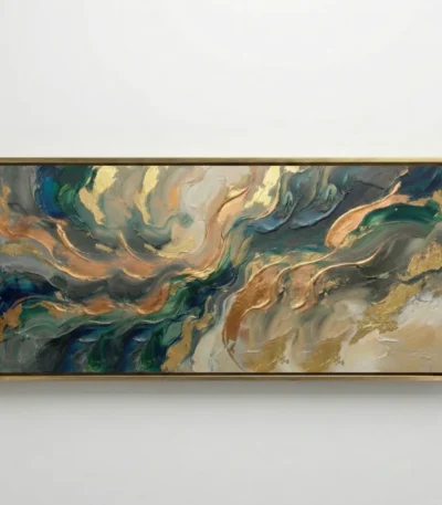 Layered abstract hand-painted canvas in swirling teal, gold, and cream tones with fluid gestural brushwork, contemporary living space