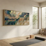 Gestural abstract hand-painted canvas with swirling teal, gold, and burnt orange brushstrokes, yoga studio setting