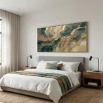 Gestural abstract hand-painted canvas in swirling greens, golds, and deep blues with fluid brushwork, modern bedroom