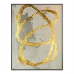 Gestural abstract hand-painted canvas with interlocking gold leaf forms on cream and grey background