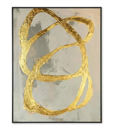 Gestural abstract hand-painted canvas with interlocking gold leaf forms on cream and grey background