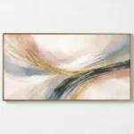 Layered abstract hand-painted canvas with sweeping gestural brushstrokes in gold, charcoal, blush and cream tones, contemporary living space