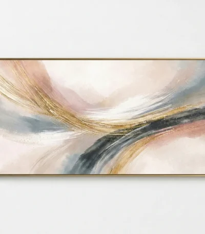 Layered abstract hand-painted canvas with sweeping gestural brushstrokes in gold, charcoal, blush and cream tones, contemporary living space