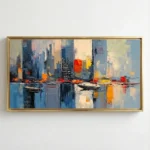 Contemporary abstract painting depicting a luminous harbor cityscape with towering buildings reflected in calm blue water, warm orange and golden accents, white wall backdrop