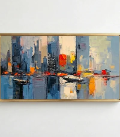 Contemporary abstract painting depicting a luminous harbor cityscape with towering buildings reflected in calm blue water, warm orange and golden accents, white wall backdrop