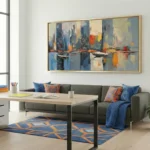 Contemporary abstract painting depicting an impressionistic cityscape with reflective water in blues, oranges, and yellows, modern living space