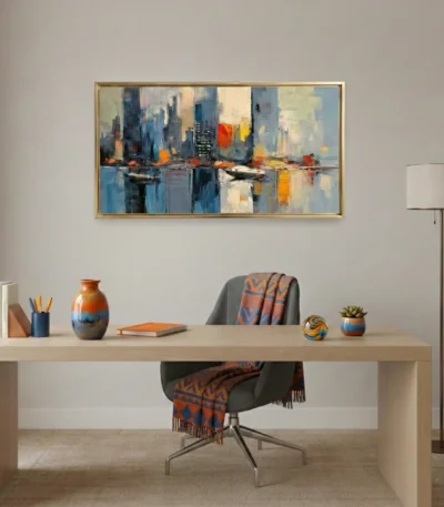 Contemporary abstract painting depicting urban skyline with water reflections in blues, oranges and creams, modern office space