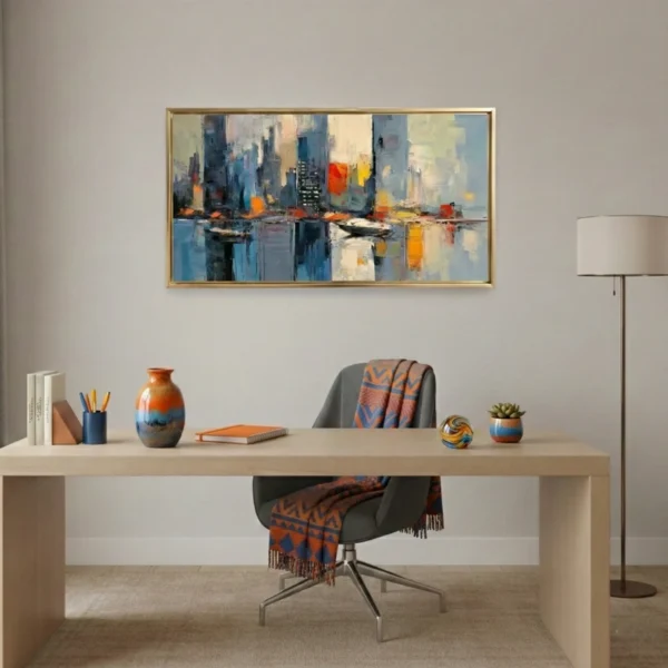 Contemporary abstract painting depicting urban skyline with water reflections in blues, oranges and creams, modern office space