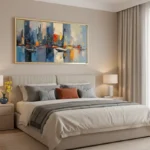 Abstract expressionist hand-painted canvas depicting urban skyline with reflective water in blues, oranges, and creams, modern bedroom