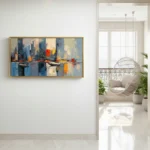 Abstract expressionist hand-painted canvas depicting urban cityscape with bold orange and blue reflections, contemporary interior