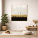 Textured abstract hand-painted canvas in cream, gold, and black with layered gestural brushstrokes, contemporary meditation space