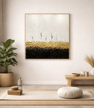 Textured abstract hand-painted canvas in cream, gold, and black with layered gestural brushstrokes, contemporary meditation space