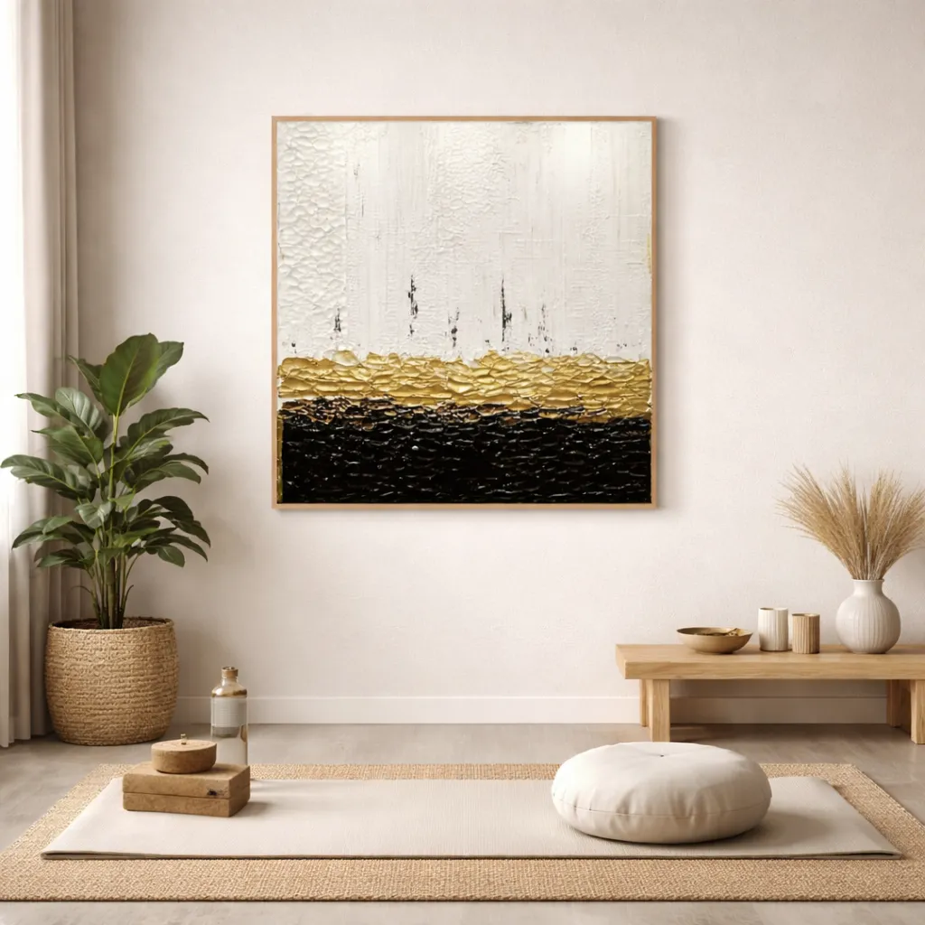 Textured abstract hand-painted canvas in cream, gold, and black with layered gestural brushstrokes, contemporary meditation space