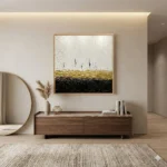 Textured abstract hand-painted canvas with white, gold, and black layered horizontal bands, modern living space