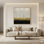 Textured abstract hand-painted canvas with white, gold, and black horizontal bands depicting an urban skyline, contemporary living space