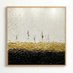 Minimalist abstract hand-painted canvas with textured white sky, golden horizon, and deep black water layers