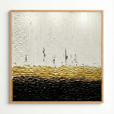 Minimalist abstract hand-painted canvas with textured white sky, golden horizon, and deep black water layers
