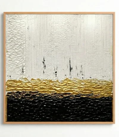 Minimalist abstract hand-painted canvas with textured white sky, golden horizon, and deep black water layers