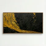 Abstract expressionist hand-painted canvas with bold gold and black gestural brushstrokes, textured and dynamic, modern living space