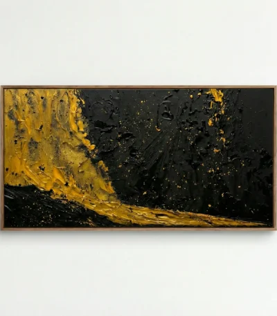 Abstract expressionist hand-painted canvas with bold gold and black gestural brushstrokes, textured and dynamic, modern living space
