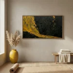 Textured abstract expressionist painting in bold gold and charcoal with gestural brushstrokes, hand-painted canvas in contemporary space