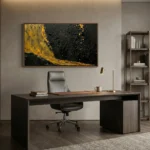 Gestural abstract expressionist hand-painted canvas in dramatic black and gold with dynamic splatter details, contemporary office setting