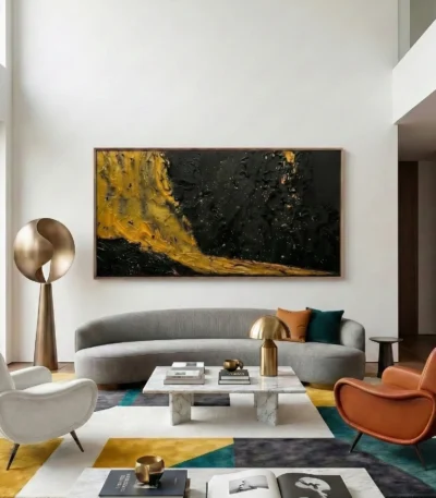 Gestural abstract painting in bold black and golden yellow brushstrokes, hand-painted canvas with dramatic movement, contemporary living space