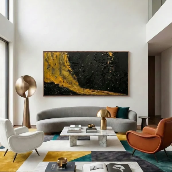 Gestural abstract painting in bold black and golden yellow brushstrokes, hand-painted canvas with dramatic movement, contemporary living space
