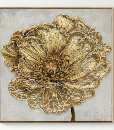 Textured gold leaf hand-painted canvas depicting an ornate peony bloom in cream and golden tones
