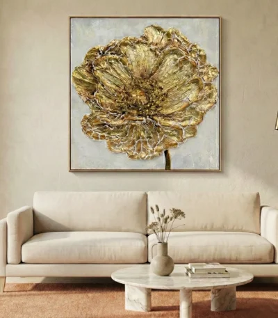Textured gold leaf hand-painted canvas depicting a blooming peony in cream and champagne tones, contemporary living space