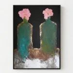 Contemporary hand-painted canvas featuring two oxidized vessels with delicate pink flowers, layered in turquoise, green, and white tones