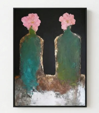 Contemporary hand-painted canvas featuring two oxidized vessels with delicate pink flowers, layered in turquoise, green, and white tones