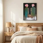 Textured abstract hand-painted canvas featuring two teal bottles with pink blooms against dark background, neutral bedroom setting