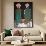 Contemporary hand-painted canvas featuring two weathered green bottles with delicate pink blooms, muted earth tones, modern living space