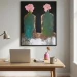 Contemporary hand-painted canvas featuring two weathered green bottles with pink blooms, textured earth tones, styled workspace
