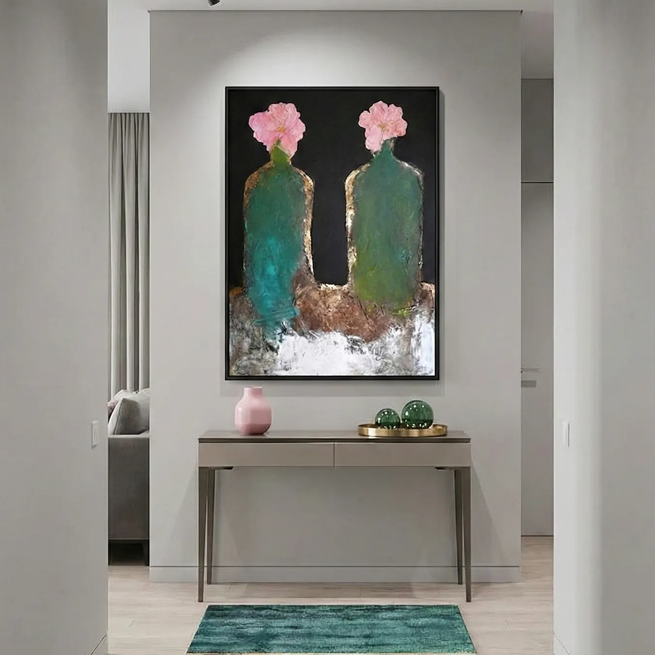 Gilded Petals Pink flowers on green vessels Abstract art wall decor (5) Contemporary hand-painted canvas featuring two weathered vessels with delicate pink flowers, layered in teal and sage green tones, entryway setting