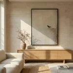 Minimalist hand-painted canvas depicting a solitary bird perched on weathered stone, warm neutral palette, contemporary living space