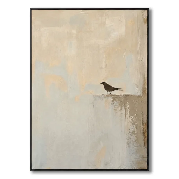 Gilded Solitude Black bird on textured wall Wabi Sabi wall art