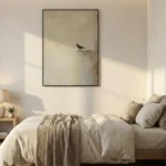 Minimalist hand-painted canvas depicting a solitary bird perched on weathered stone, soft neutral tones, contemporary bedroom setting