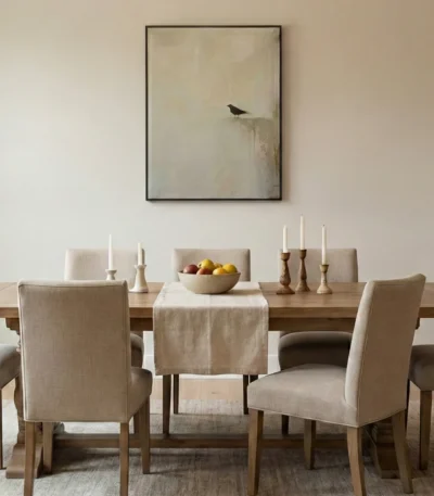 Minimalist hand-painted canvas depicting a solitary bird perched on sand in muted beige and grey tones, contemporary dining space