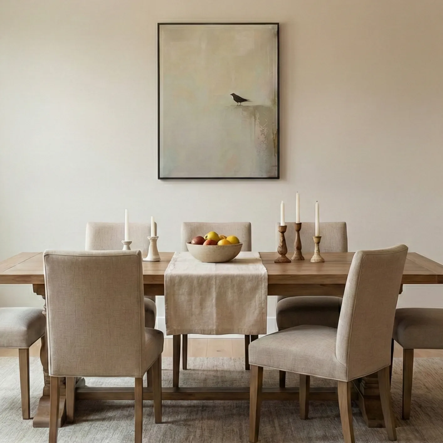 Gilded Solitude Black bird on textured wall Wabi Sabi wall art (4) Minimalist hand-painted canvas depicting a solitary bird perched on sand in muted beige and grey tones, contemporary dining space