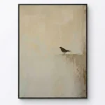 Minimalist hand-painted canvas featuring solitary black bird perched on textured ledge, soft beige and cream palette