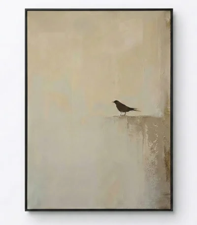 Minimalist hand-painted canvas featuring solitary black bird perched on textured ledge, soft beige and cream palette