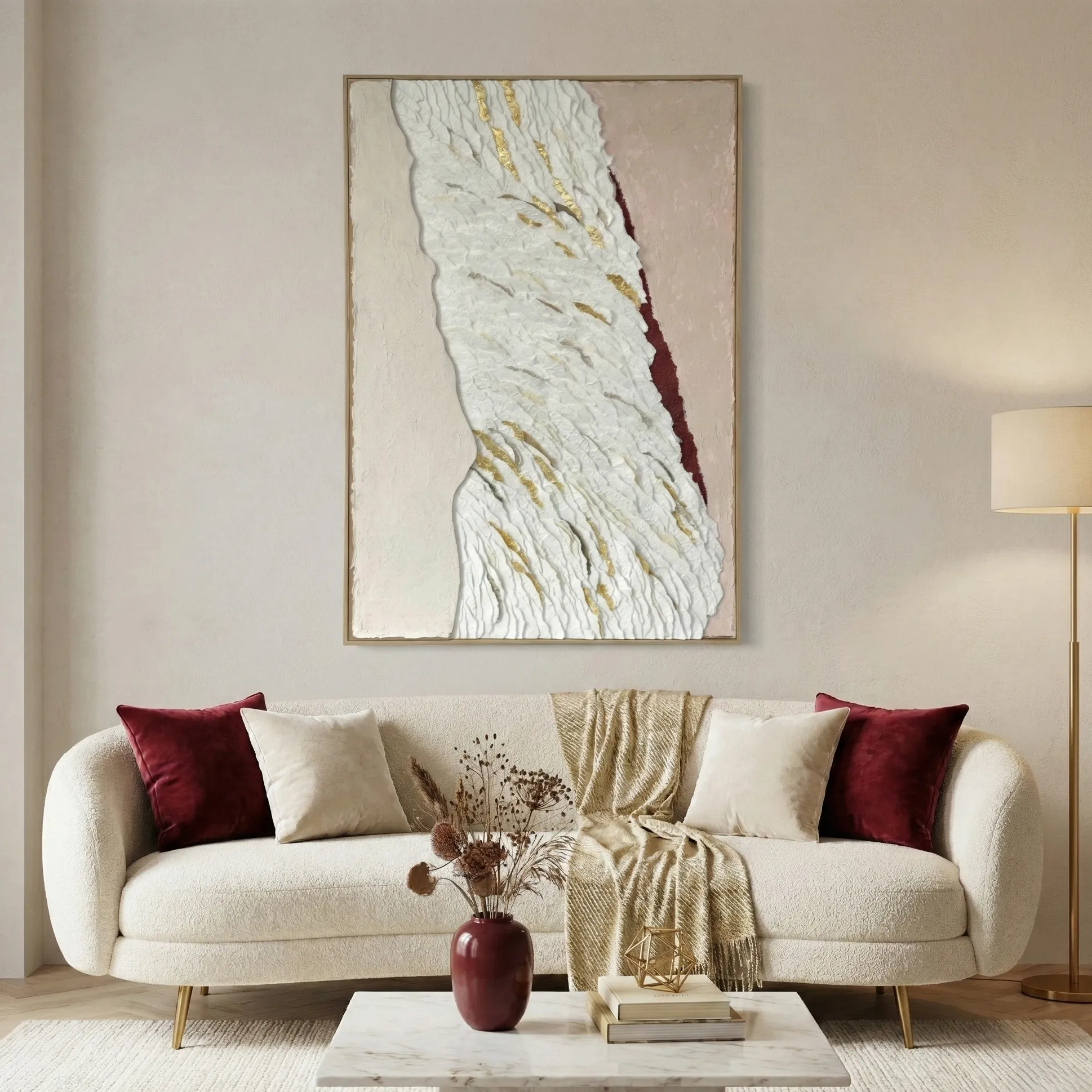 Gilded Stratum – 3D Abstract Wall Decor (2) Textured abstract hand-painted canvas with cream and gold gestural brushstrokes accented by deep burgundy, contemporary living space