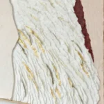 Textured abstract hand-painted canvas with flowing white brushstrokes and gold leaf accents, deep burgundy stripe detail, neutral palette