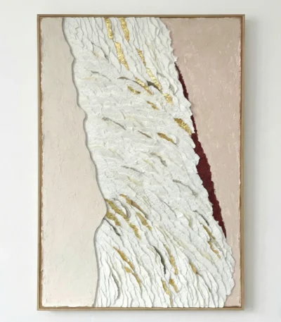 Textured abstract hand-painted canvas with dimensional white relief, gold leaf accents, and deep burgundy detail, contemporary living space